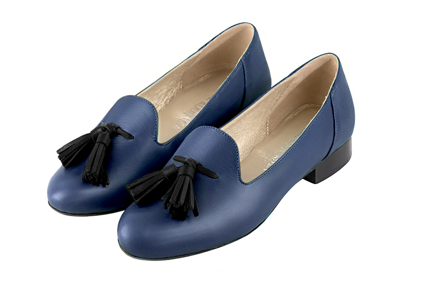Prussian blue and satin black women's loafers with pompons. Round toe. Flat leather soles. Front view - Florence KOOIJMAN